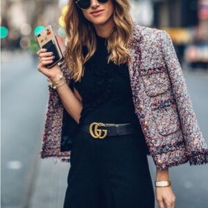 Zara Multicolor Tweed Boucle Blazer with Frayed Edges and Gold Buttons S